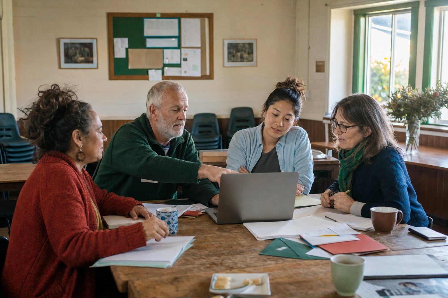 The fictional Wattlebird committee reviewing club information together